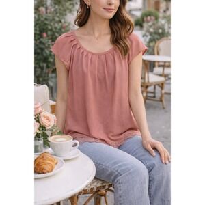 LC Lauren Conrad Dusty Rose Blush RuffleNeck Hem Blouse| Romantic Feminine Top